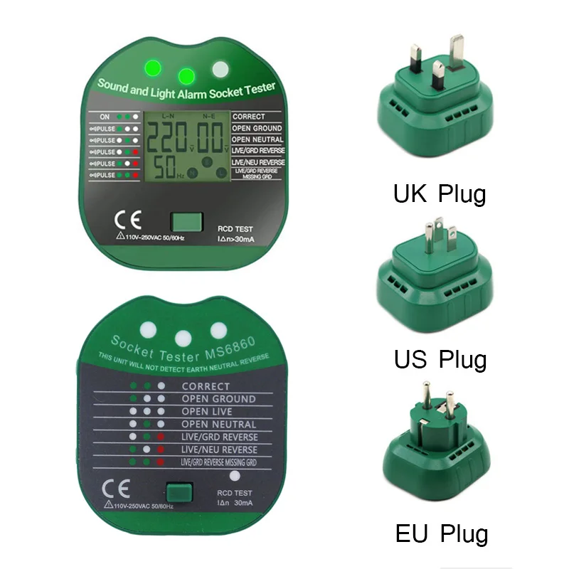 

Digital Display Socket Tester Voltage Test RCD 30mA UK US EU Ground Zero Line Plug Polarity Phase Check Detector Voltage Test