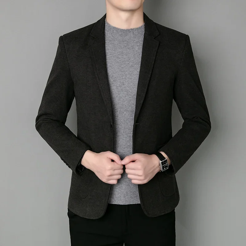 Blazer Fashion Business Handsome Gentleman Korean Version of British Style Casual Slim Solid Color Wedding Work Woolen Blazer 3