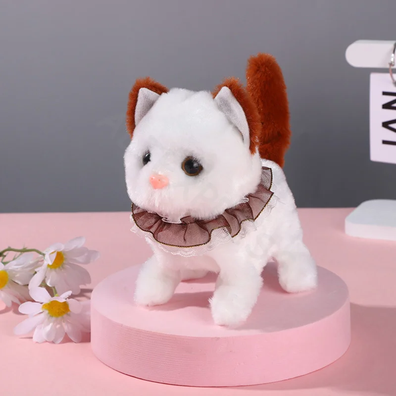 Cute Simulated Collar Lace Kitten Plush Toy Electronic Stuffed Doll Toy Walking Tail Wagging Head Shaking For Kids Birthday Gift