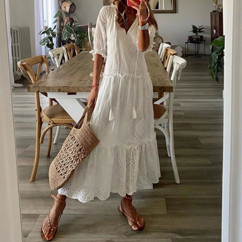 

Spring Solid Ruffles Pleated Long Party Dress Women Short Sleeve Loose Casual Dress2023 Autumn V Neck Tassel Hollow Out Dresses