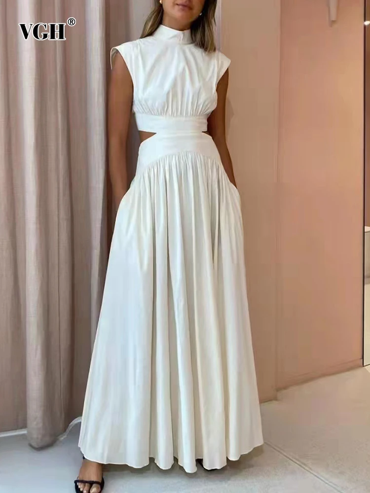 

VGH Minimalist Fashion Cut Out Dress For Women Stand Collar Sleeveless High Waist Solid Midi Dresses Female 2022 Summer Clothes