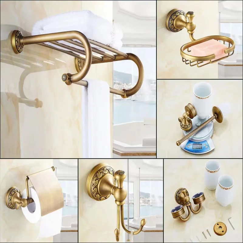 Bathroom Accessories Antique Brass Collection, Towel Ring, Paper Holder, Toilet Brush, Coat Hook, Bath Rack, Soap Dish, Faucet
