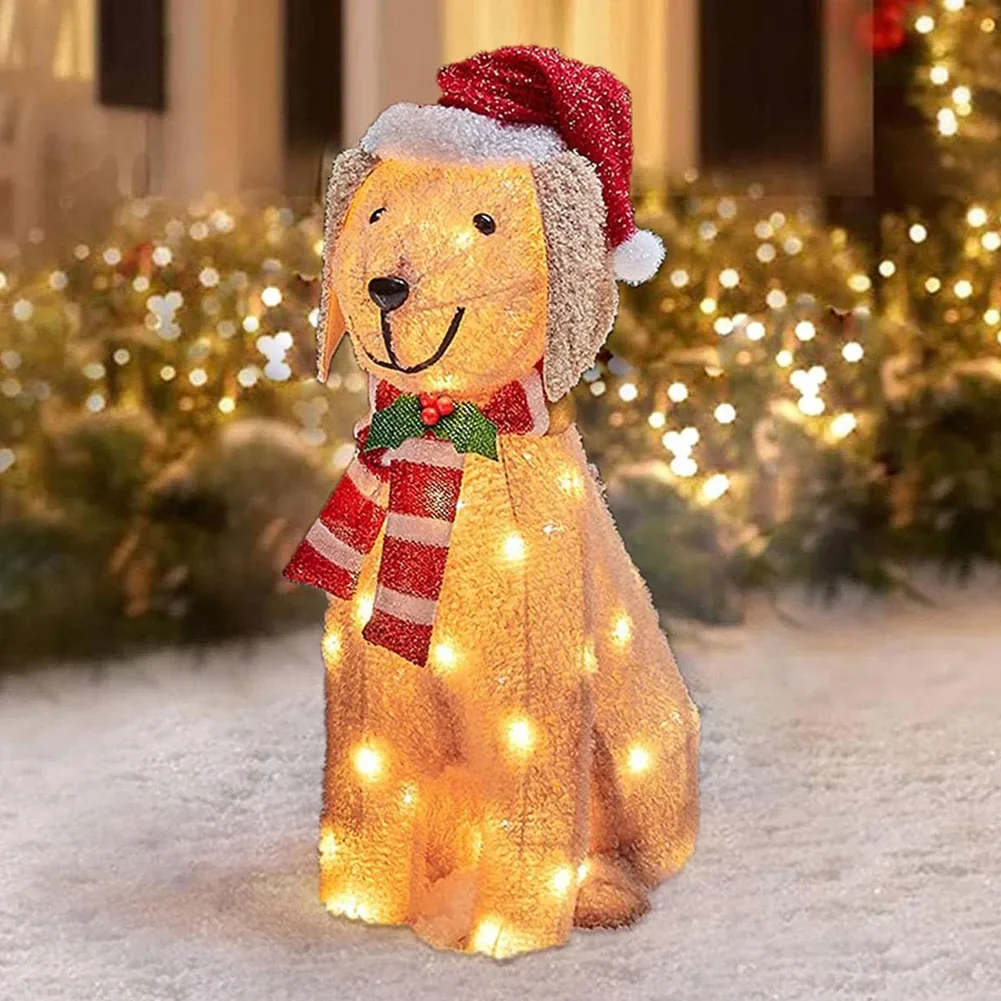 Mimic Dog Shape Sign Waterproof Light Up Puppy Figurine Wearing Xmas Hat Acrylic for Home Garden Front Pathway Walkway