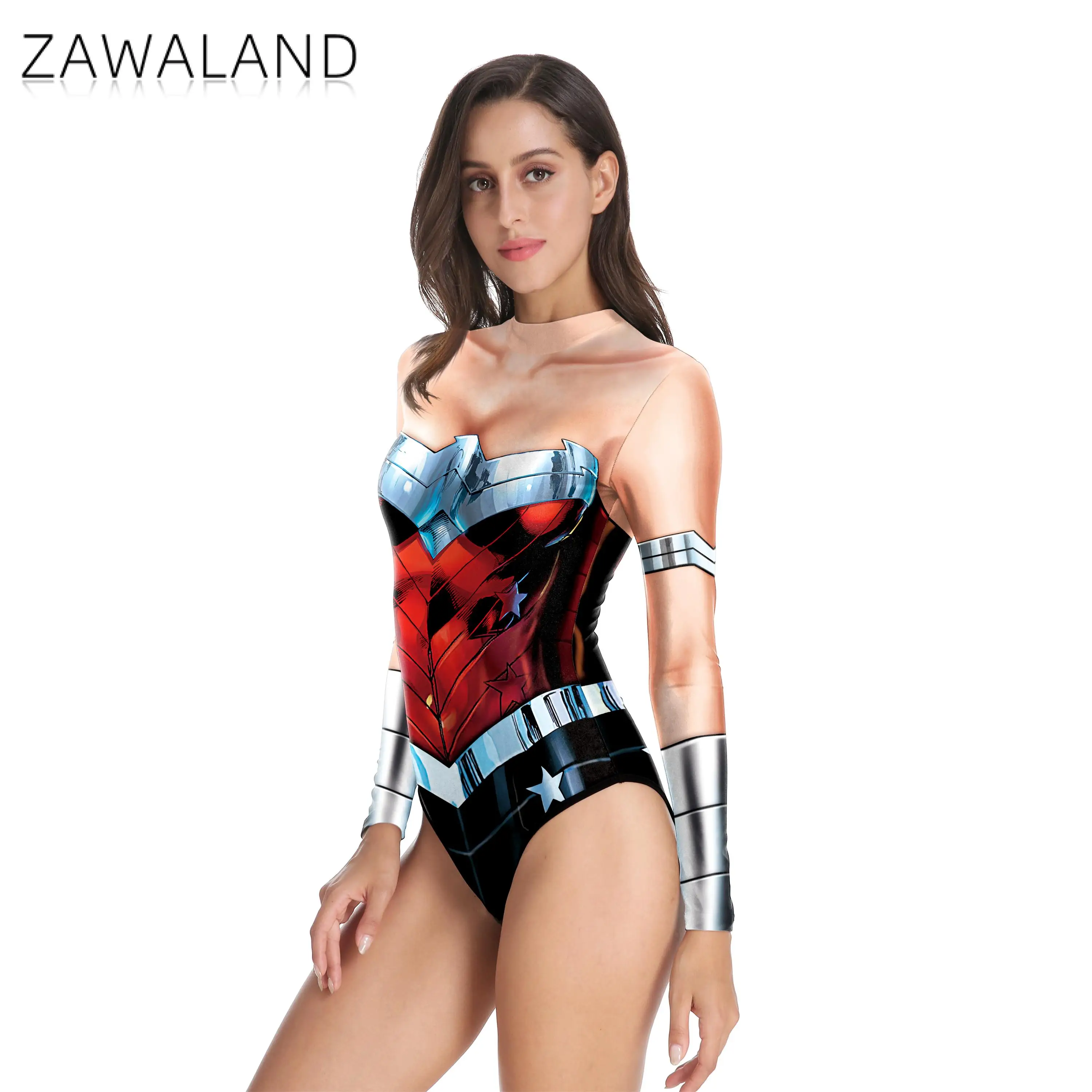 Zawaland Halloween Womens Cosplay Costumes Zentai Bodysuit 3D Printing Sexy Long Sleeve Party Outfits Performance Clothing