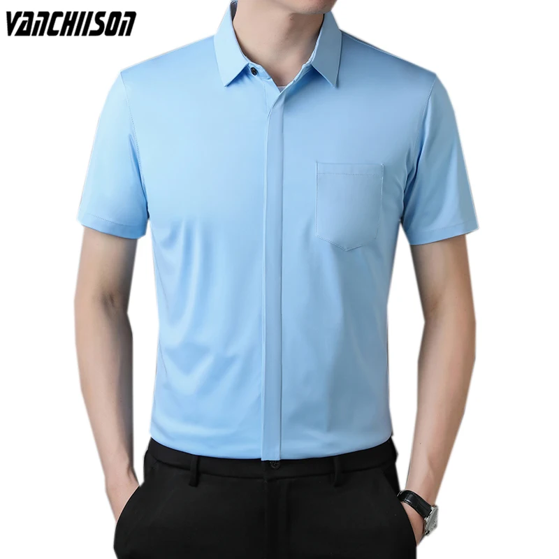 

Hidden Buttons Elastic Fabric Seamless Men Casual Shirt Tops for Summer Short Sleeve Solid Business Smart Casual 00807