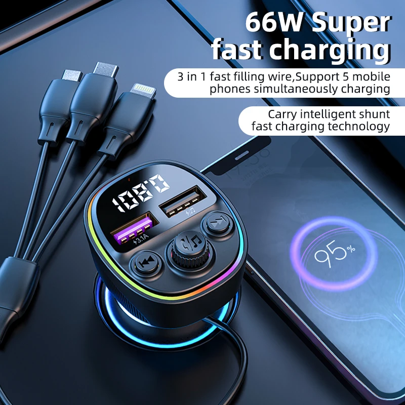 

LOLOAGO Car MP3 Player Bluetooth FM Transmitter Modulator Hands-free Dual USB Quick Charger 66W With 3 in 1 Fast Charge Cable