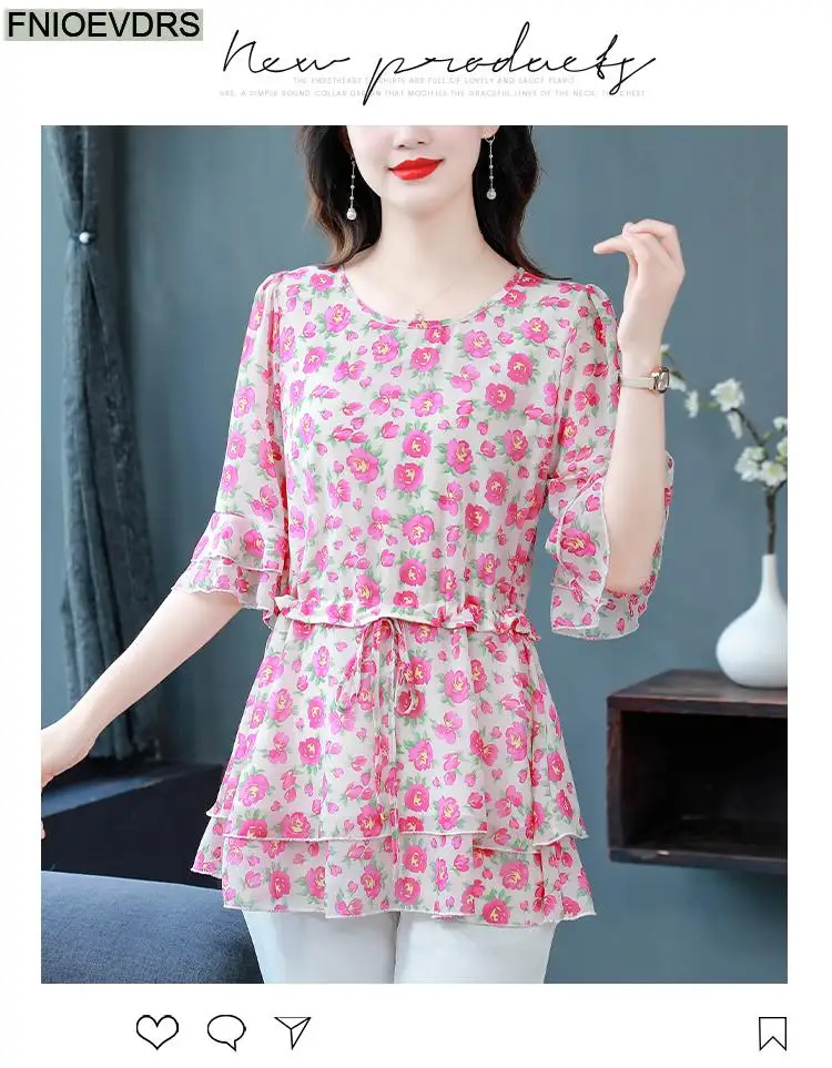S-4XL Loose Clothes 2023 Women Summer Short Sleeve Elegant Ruffles Shirts Casual Chiffon Floral Tunic Peplum Tops And Blouses