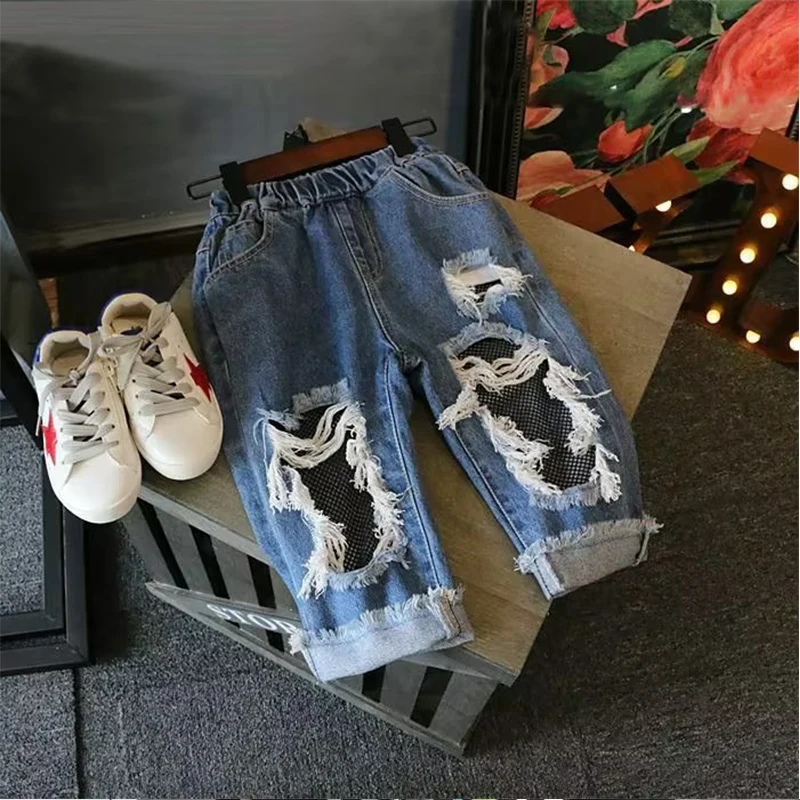 

New Arrival Girls Jeans pants Straight Cotton Children Ripped Jeans Loose Denim Trousers Fashion Kid Big Girls Clothing Summer