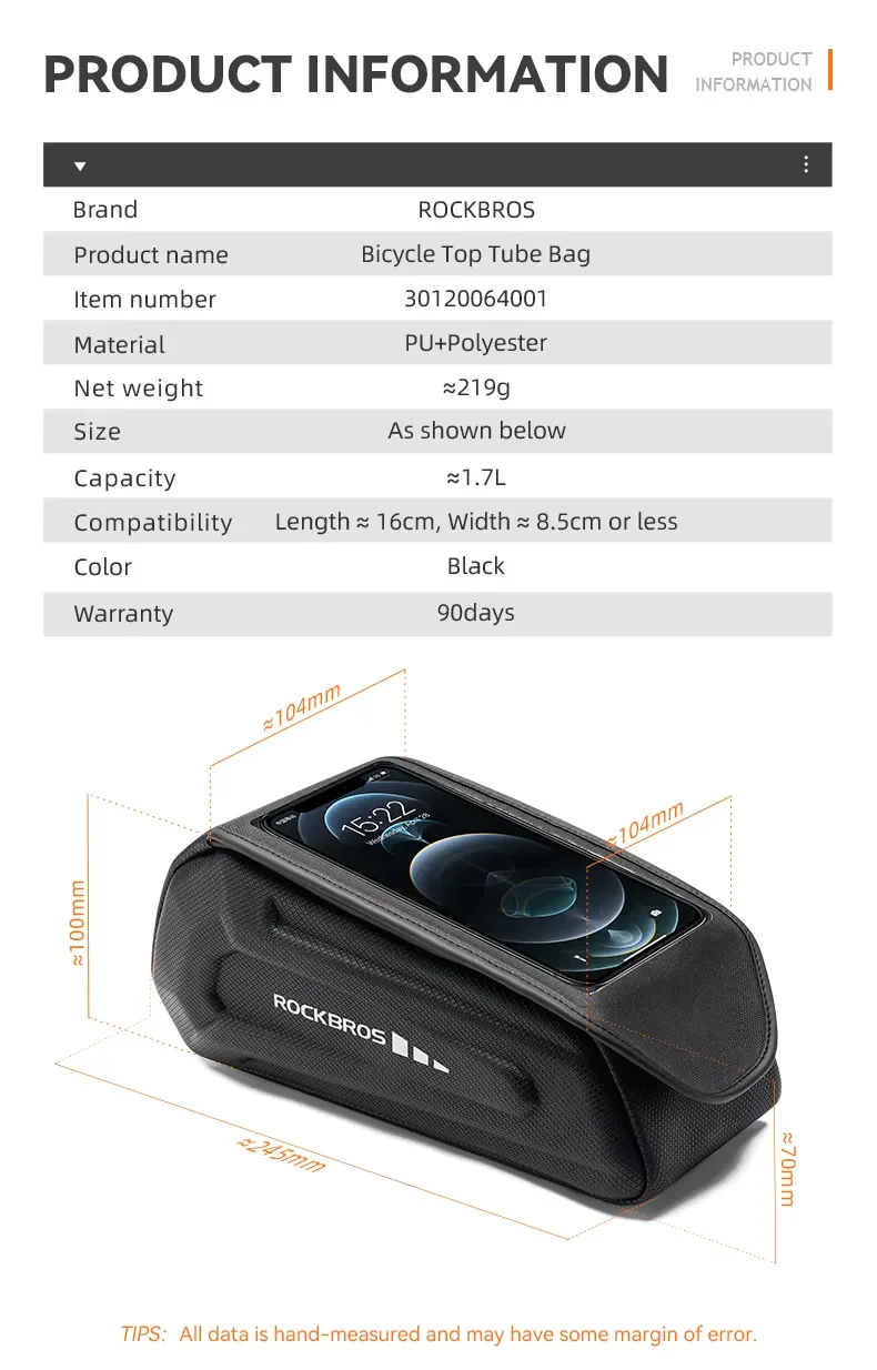 Bike Bag 1.7L Phone Bag Waterproof Front Frame Tube Bag Touch Screen Phone Holde
