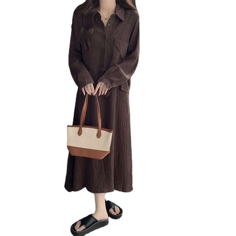 

Женское Плиссированное Платье-рубашка, модное платье-комбинация большого размера на весну и осень, новое платье-комбинация из приятной кожи, 2024