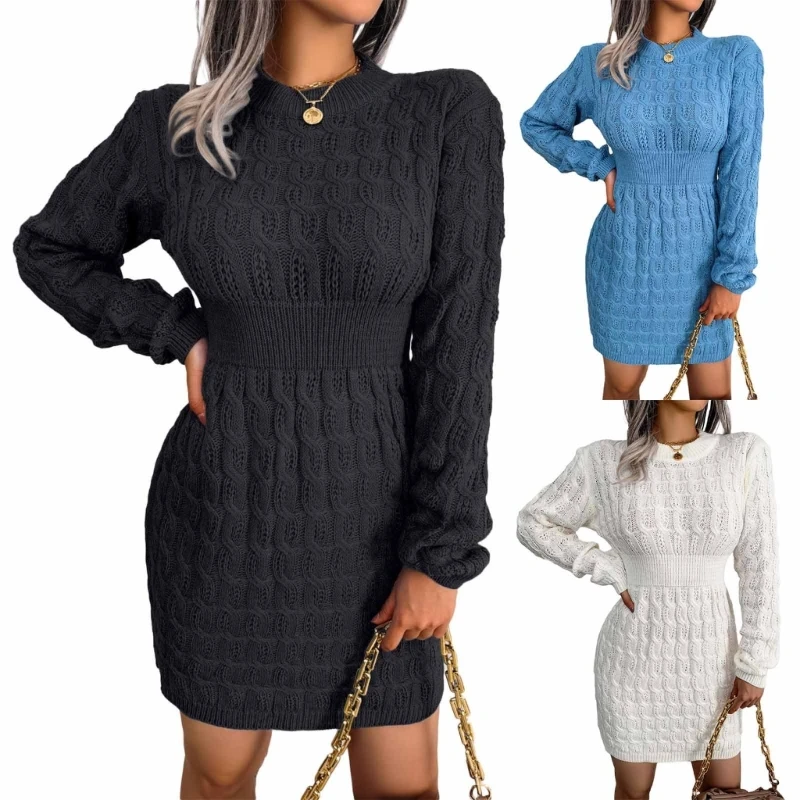 

Women's Knitted Sweater Dresses Sexy Elegant Round Neck Long Sleeve Bodycon Mini Sweater Dress Fall Short Dress