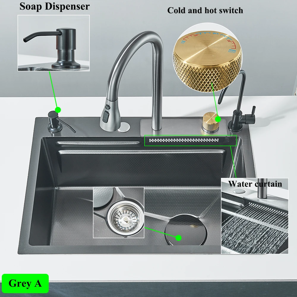 Kitchen Accessories Kitchen Sink Kitchen Sink Faucet Set Waterfall Kitchen Sink 304 Stainless Steel Large Single Slot Integrated Faucet Set Soap Dispenser Cup washer With Fancet