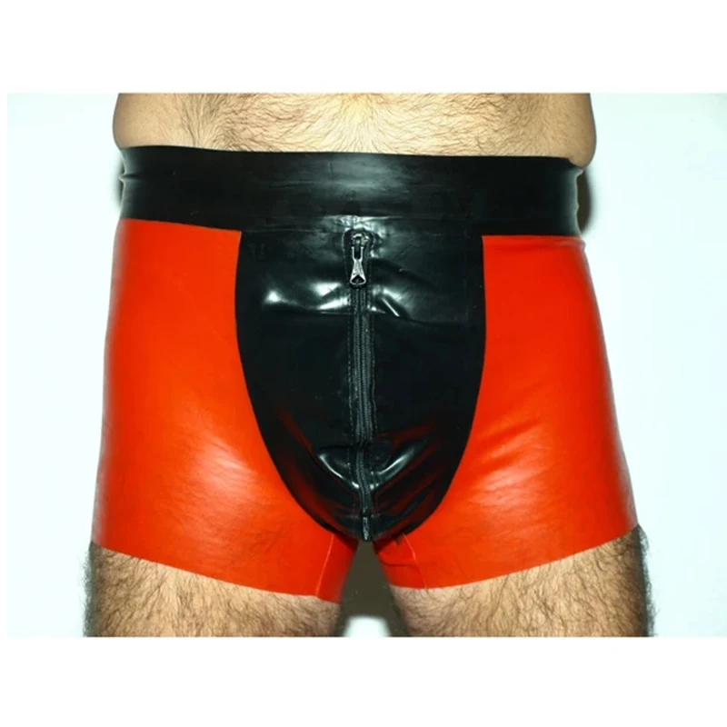 

Handmade Men's Latex Boxer Front Zip Black with Red Rubber Underwear Short Pants