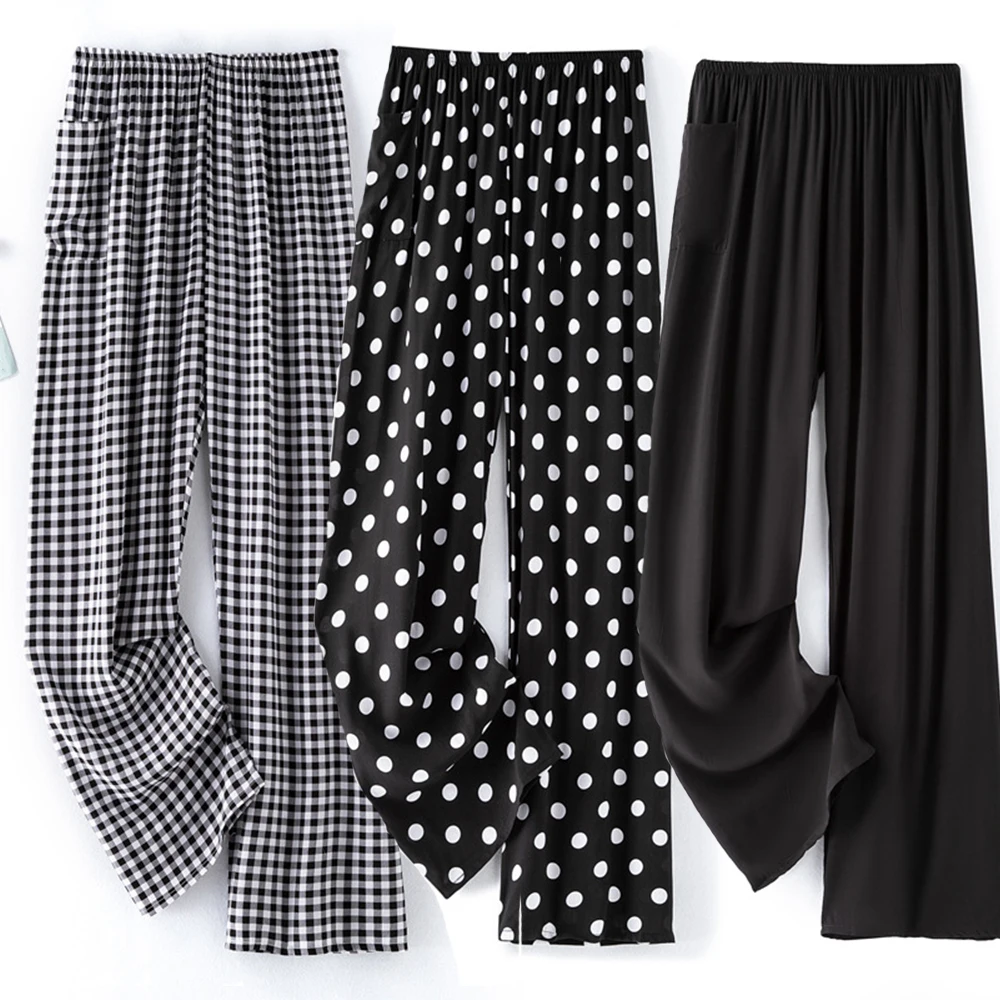 Women's Sleeping Pants Dot Lattice Sleepwear Wide Leg Pants High Waist Casual Female Calf-Length Clothes Loose Trousers Outwear_voghion.com