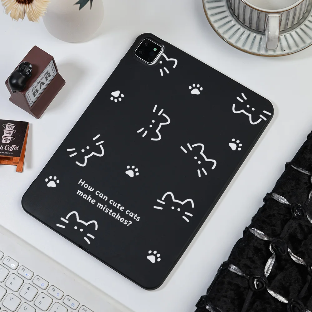 Matte Minimalist Line Cat Print Tablet Case - Black and White Design