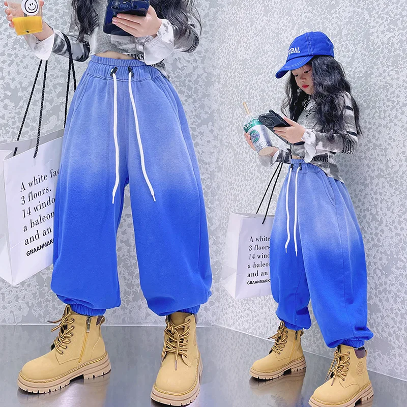 

Fashion Streetwear Sweatpants for Girls Spring Casual Elastic Waist Pants Teens Clothes Gradient Trousers with Drawstring 4-14 Y