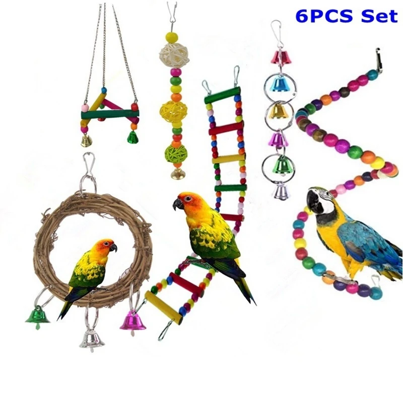 6PCS/Set Parrot Birds Toys Kit Swing Hanging Bells Wooden Bridge Accessories Bird Toy Standing Training Pet Accessoires | Дом и сад