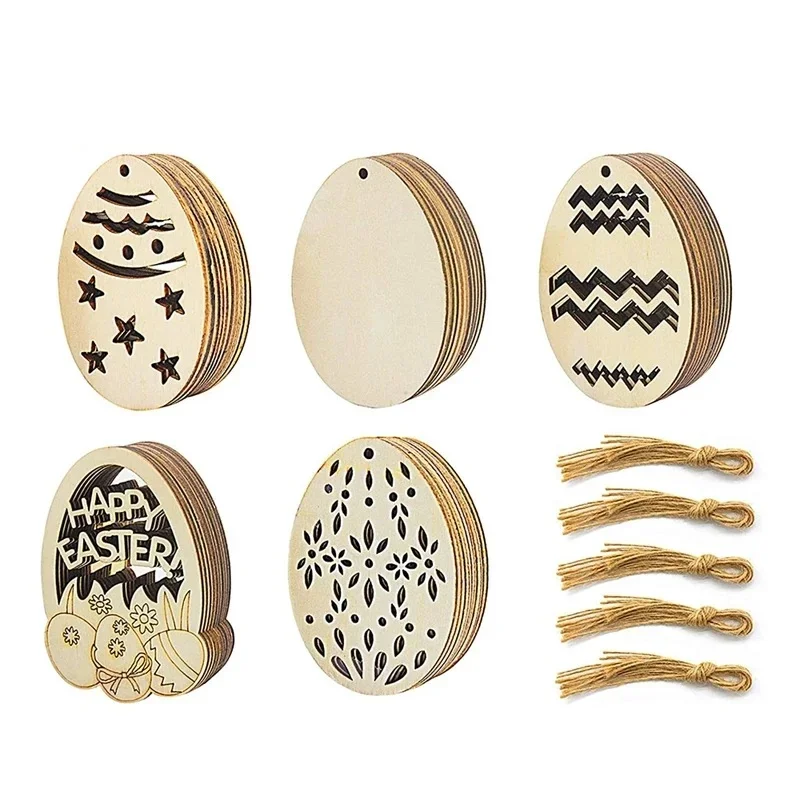 10Pcs DIY Easter Egg Wood Slices Easter Hangbing Pendant Unfinished Wood Crafts For Happy Easter Party Kids Graffiti Egg