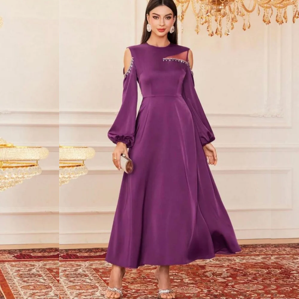 

Prom Dress Evening Saudi Arabia Jersey Pleat Sequined Valentine's Day A-line Scoop Neck Bespoke Occasion Gown Midi Dresses