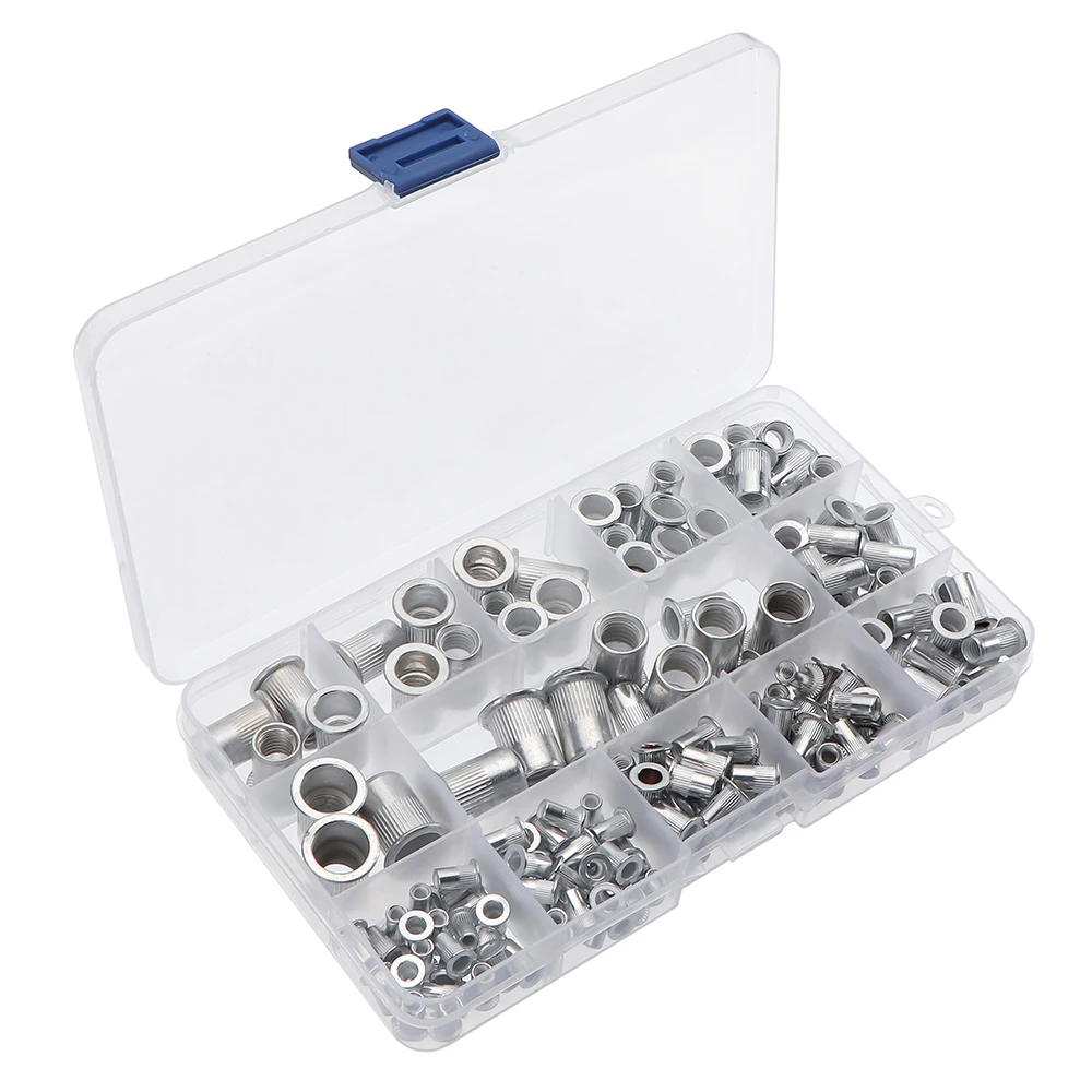 165pcs M3 M4 M5 M6 M8 M10 Mix Size Rivet Nuts Set Aluminum Flat Head Rivet Nuts Insert Rivets with Plastic Box