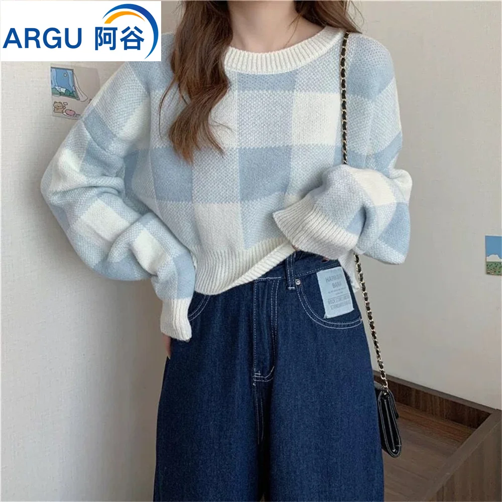 

2023 New Check Short Sweater Korean O-Neck Plaid Printing Preppy Style Pullover Sweater Women Simple Sweet Student Slouchy Tops
