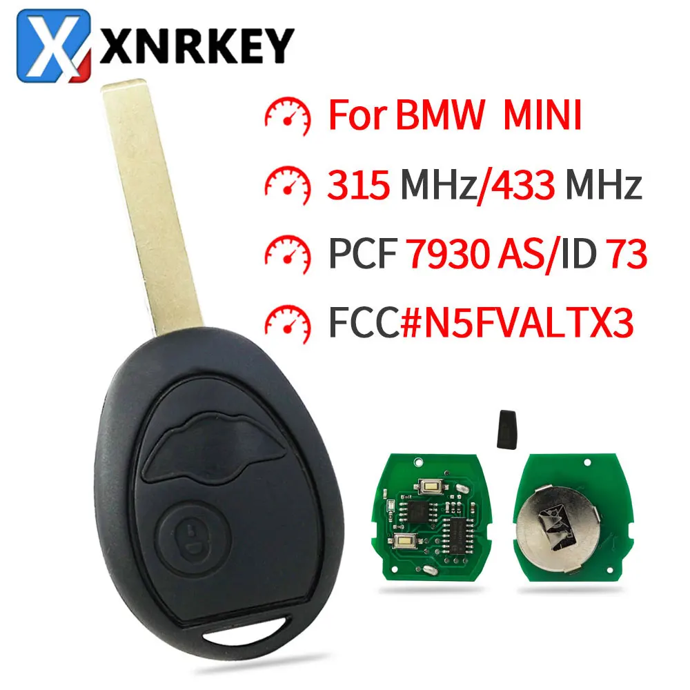 XNRKEY 2 Button Car Remote Key ID73/PCF7930AS Chip 315/433Mhz for BMW Mini Cooper S R50 R53 2002-2005 One Full Car Key xnrkey 2 button smart key card pcf7926 chip 433mhz for renault laguna remote car key without logo without words
