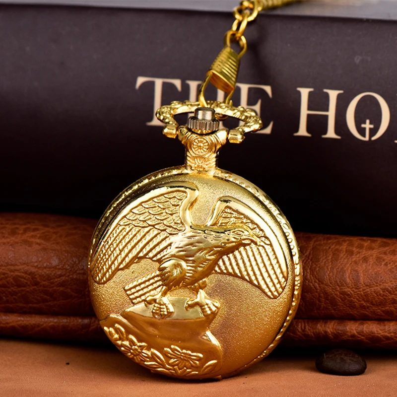 

Luxury Gold Carving Quartz Pocket Watch for Men Women Golden Eagle Bird Engraved Case Fob Chain Bronze Clock for Collection Gift