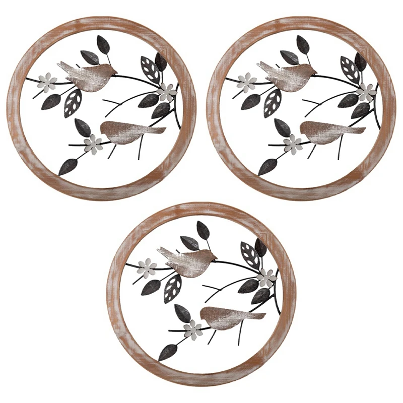 

3PCS Wooden Hollowed-Out Round Flower-And-Bird Wrought Iron Living Room Room Decoration Iron Wood Wall Decor