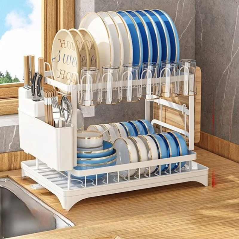 Large-Capacity Double-Layer Kitchen Storage Rack with Drainage, Lockable Metal Tableware Stand for Bowls, Kitchen Organizers