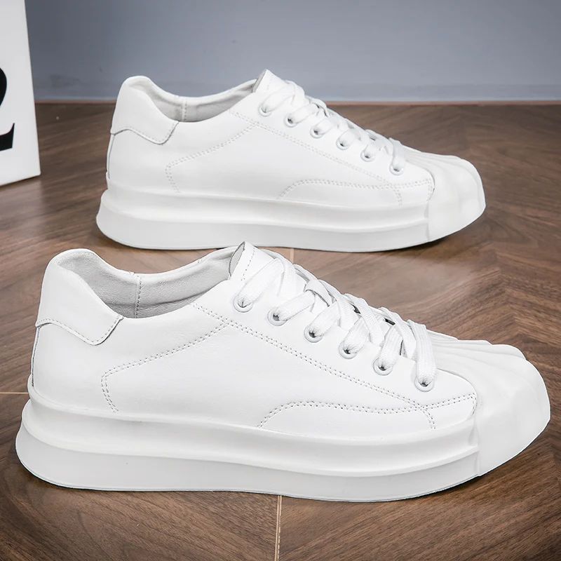 

Men Shoes New All-Match lace up Internal elevation White Sneakers Men genuine Leather Casual black Shoes Male Korean Soft Flats