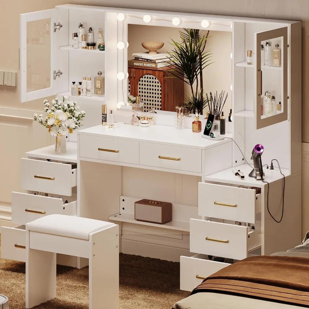 White Vanity with Mirror, Light, and Charging Station, 58.3-inch Vanity with 3 Lighting Modes, 8 Drawers, 2 Cabinets 5