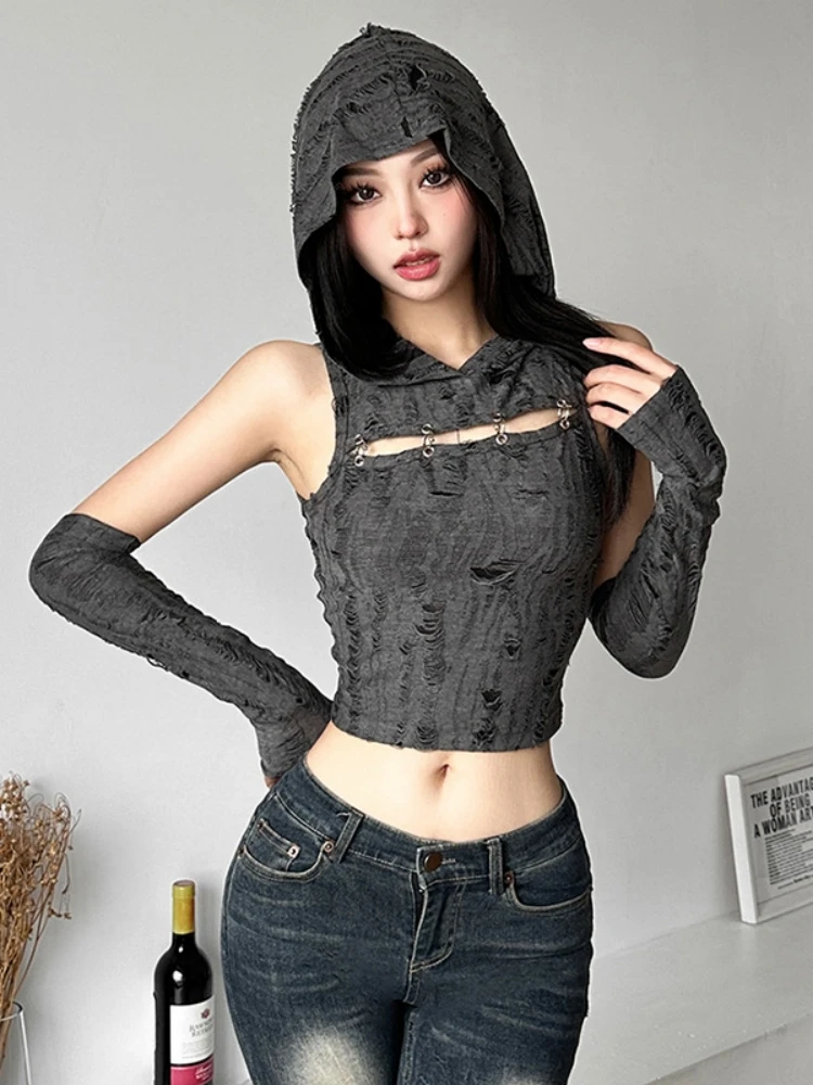 Dark Gray Hooded Tank Top Women Edgy Clothes Y2k Crop Tops Hollow Out Sexy  Streetwear Sleeveless Summer Outfits Ropa De Mujer - AliExpress