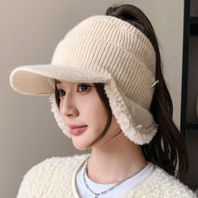 Hot Sale Women Warm Visor Hat With Earflap Fashion Plush Fur Knitted Hat Soft Winter Beanie Hats Female Streetwear Ponytail Cap