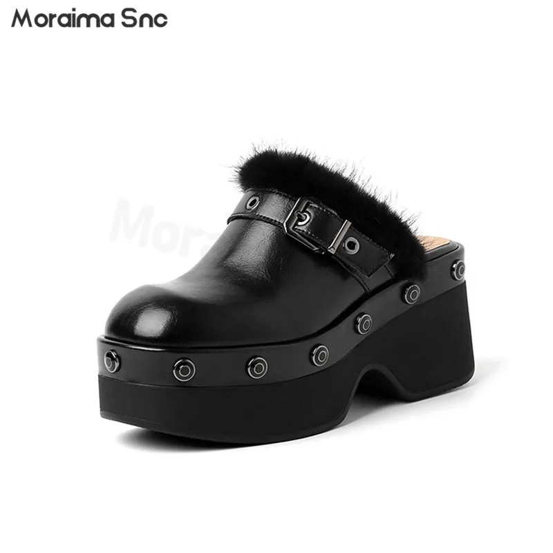 

Studded Thick-Soled Slippers Mink Hair Cowhide Leather Belt Buckle Slippers Round-Toe High Heels Personalized Fashion Slippers