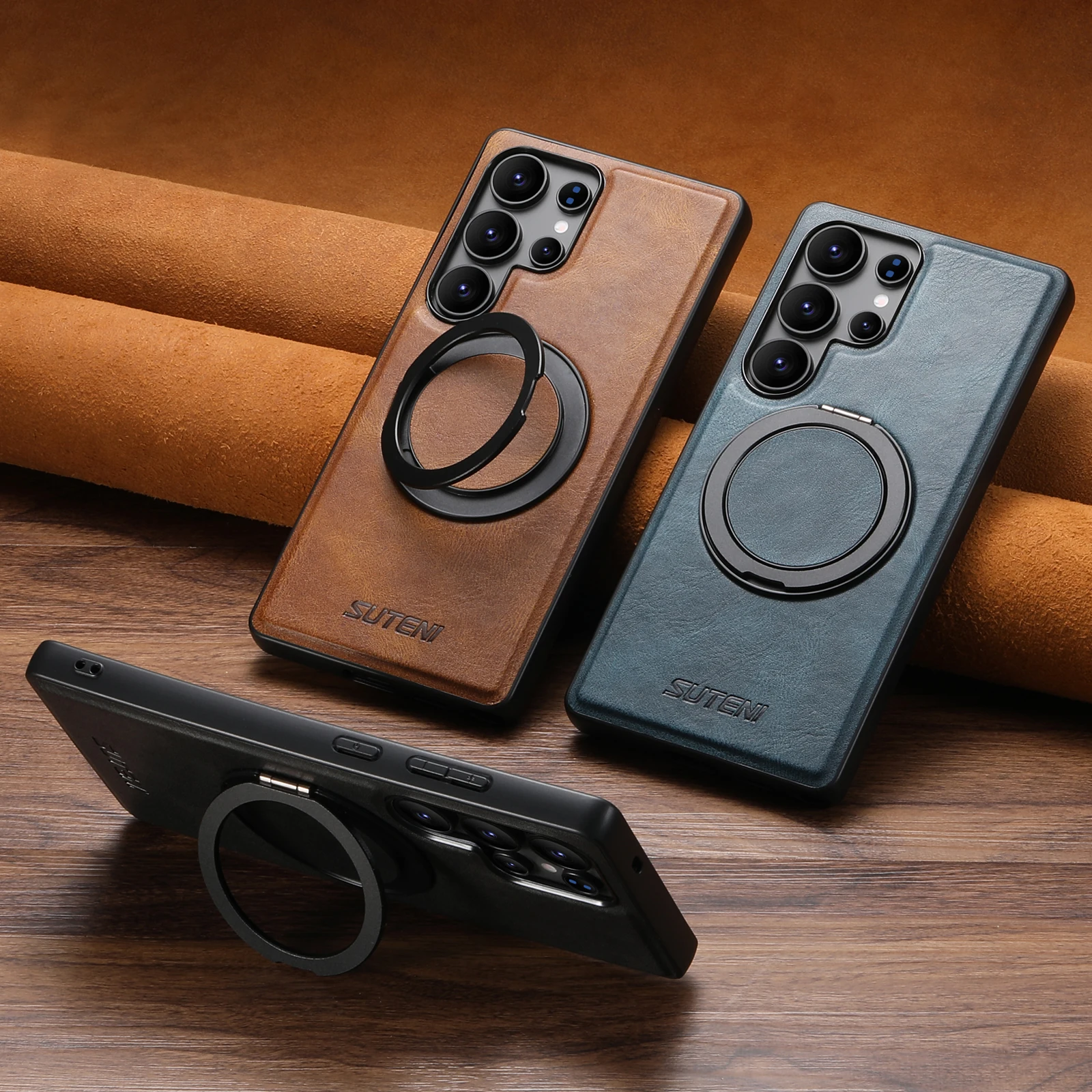 Luxury Classic Business Oil Wax Texture Faux Leather Phone Case with Magnetic Stand Cover