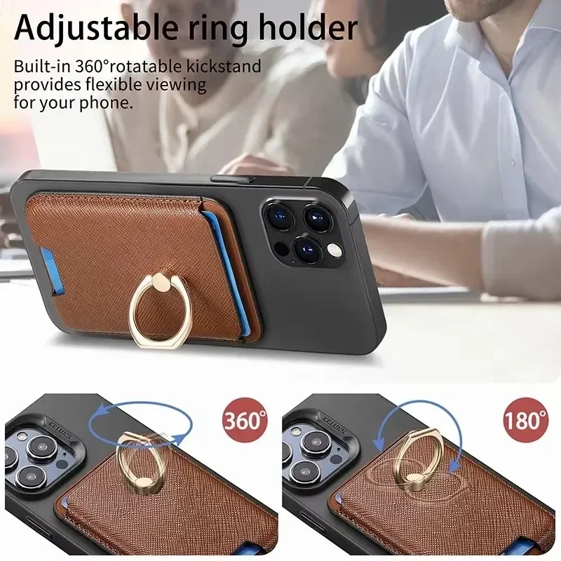 Leather Magnetic Card Holder Wallet with Finger Ring Stand