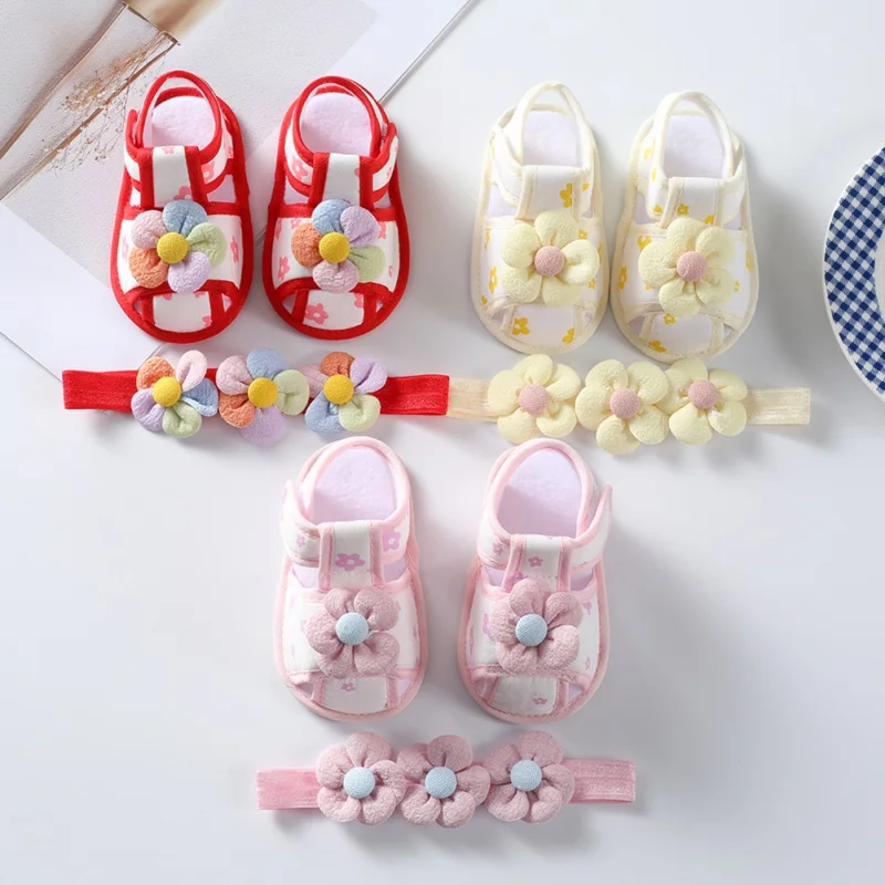 

Baywell Summer Baby Girl Cute Flower Sandals Shoes + Hair Band Infant Toddler Non-slip Princess First Walker Baptism Shoes