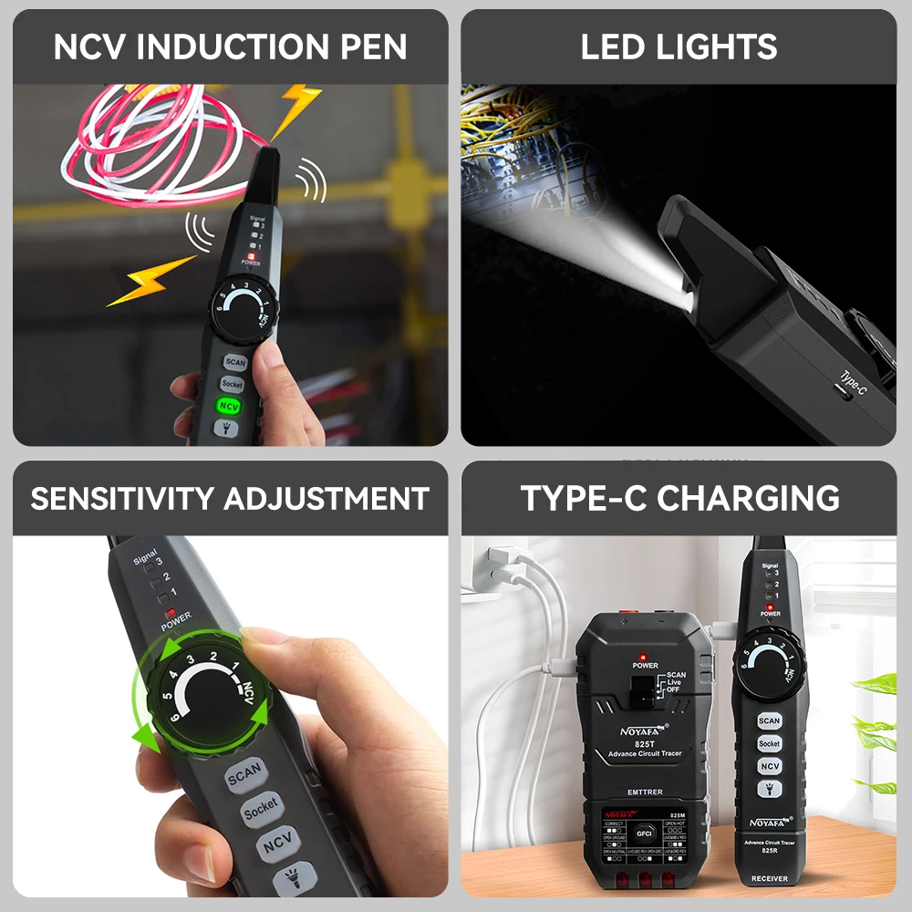 NOYAFA Network Cable Tester NF-825TMR Underground Cable Finder High & Low Voltage Cable Locator Wire Detector Cable Tracker 6