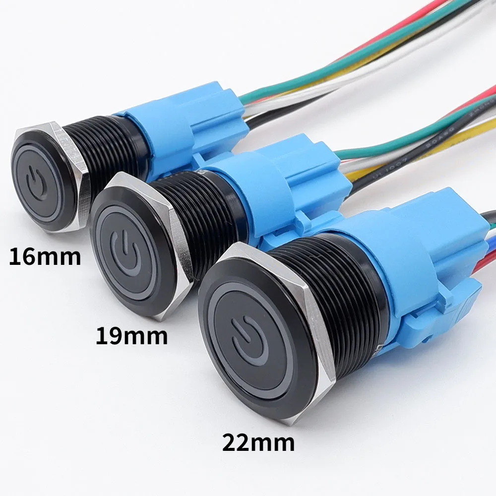 Push Button Switch 12/16/19/22mm Oxidized Black Momentary Latching Fixed On Off Power Switch wire LED Light 5V 12V 24V 220V