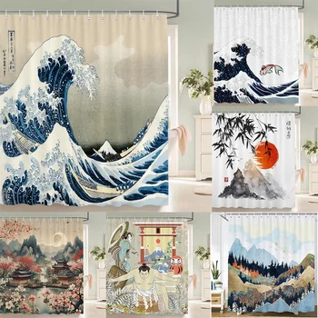 Tenda da doccia in stile giapponese Tenda da bagno con pittura a inchiostro 3D Impermeabile con ganci 180 * 240 CM Tenda da doccia in tessuto di poliestere 1