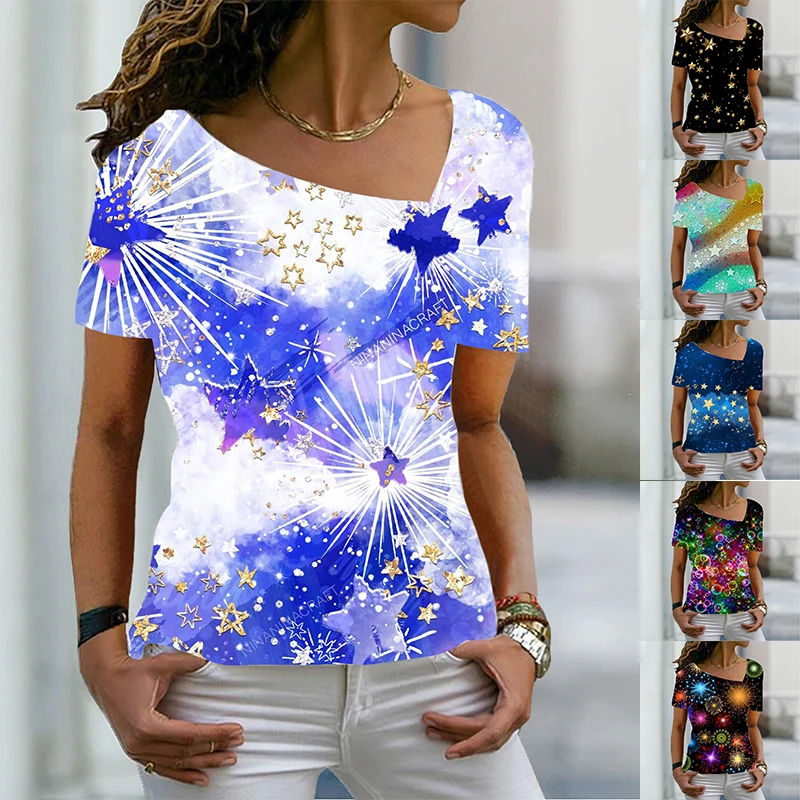 

2022 Summer Women's Fashion Star Print Loose T Shirt V Neck Basic Tops / 3D Plus Size Print Shirt 6XL Pullover Casual Shirt