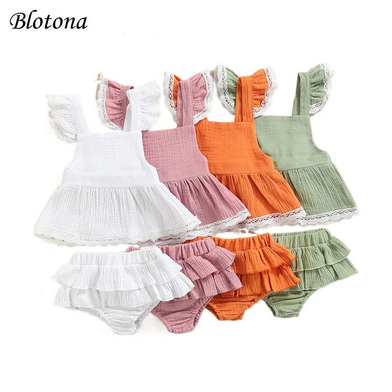 

Blotona Newborn Baby Girl Dress Set, Cotton&Linen Lace Hem Decor Ruffle Suspender Skirt Tops + Elastic Waist Shorts, 0-18Months