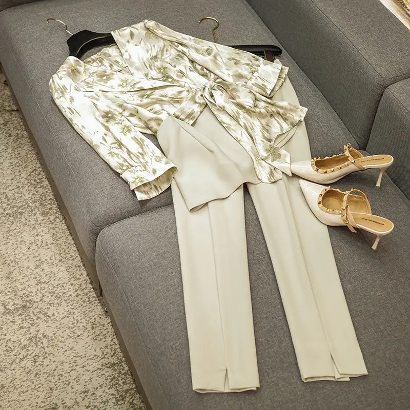 

Офисная Женская рабочая одежда, костюмы, рубашка с цветочным принтом и брюки, комплект из двух предметов для женщин, официальная Женская одежда, лето 2023