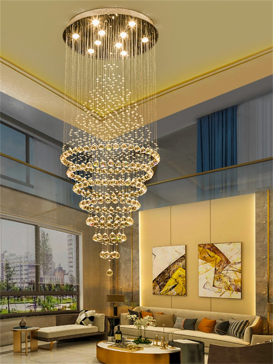 Modern LED Crystal Chandelier Lamp Stair Lights Droplight Double Entry Long Circular Crystal Lighting Lobby Chandelier