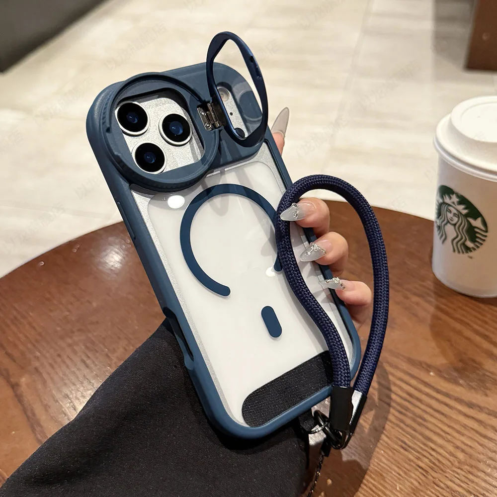 Luxury Magnetic Lens Bracket Lanyard Phone Case with Air Flip Stand and Transparent Cover