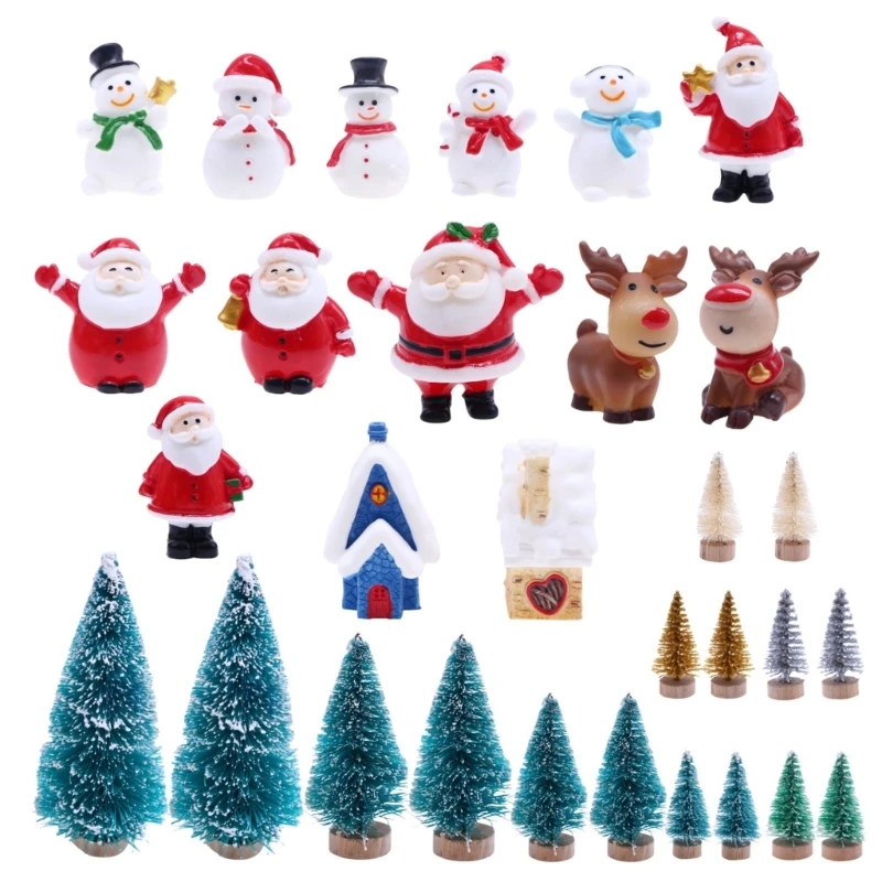 

77HD Child Dollhouse Mini Christmas Scene Ornaments Set Santa/Deer/Pine Tree/Snowmen