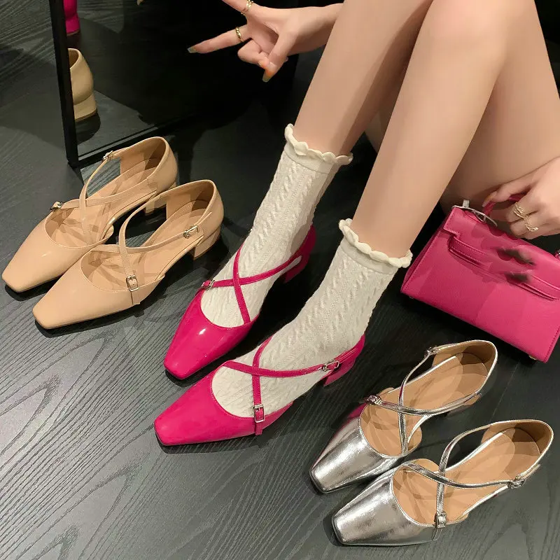 

Genuine Cowhide Leather Nude Silver Fuschia Color Point Closed Toe Cross-strap Square Chunky Med Heels Women Mary Janes Sandals