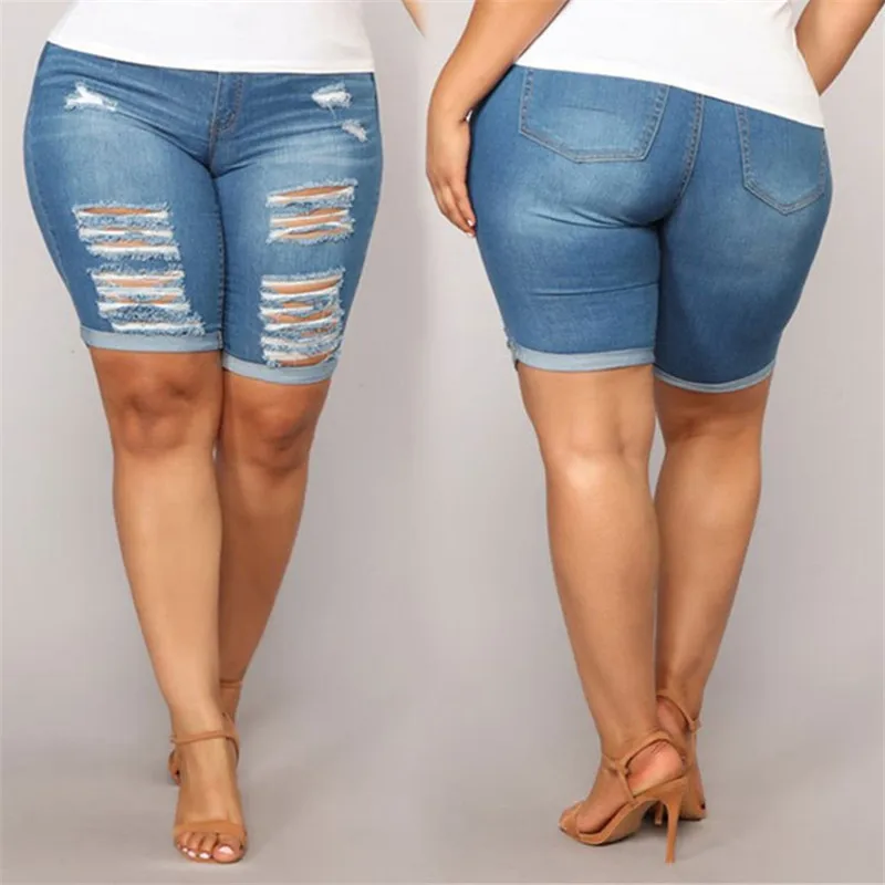 2021 Plus Size Women's Summer Blue Denim Shorts Y2k Skinny Ripped Solid Jeans Shorts Indie New Arrival Women Clothing L-5XL
