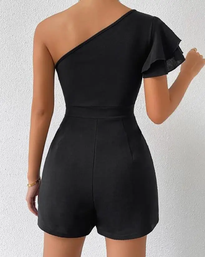 Elegant Jumpsuit Women 2023 Spring Fashion One Shoulder Ruffle HemPlain Short Sleeve Daily Above Knee Romper Y2K Streetwear