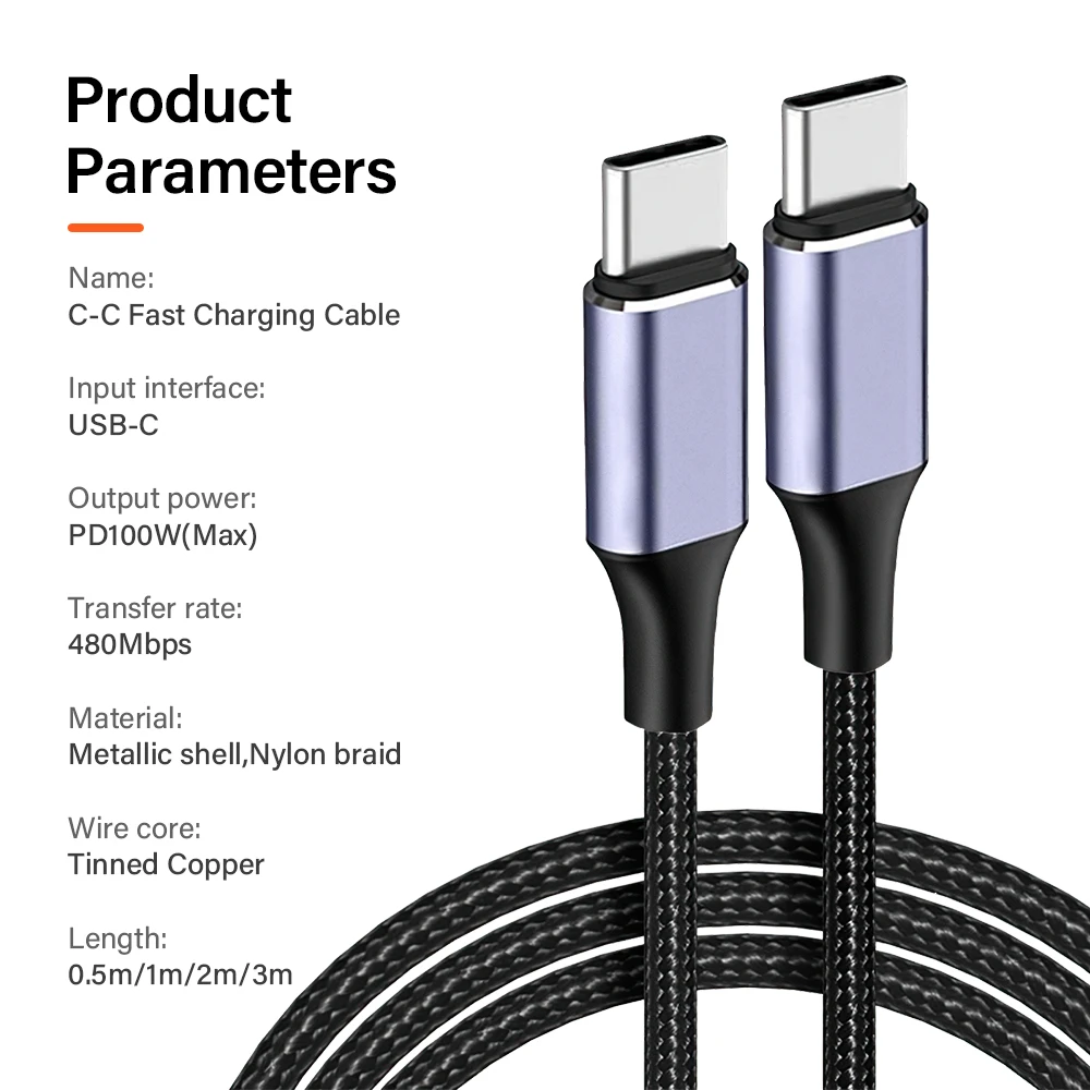 High-Power USB-C Fast Charging Cable – 100W, PD Compatible, 5A, Available in 25cm & 3m Lengths